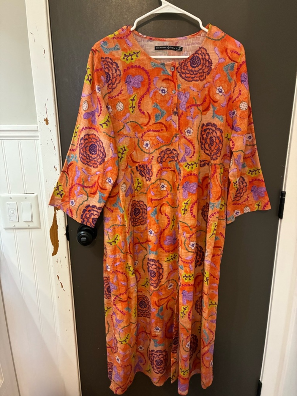 LIKE NEW! Gudrun Sjoden Orange Floral organic cotton Maxi Dress w Purple Accents